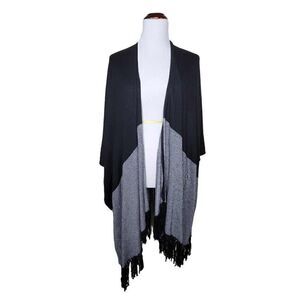 White House Black Market Wrap Stripe Fringe Ruana Black Gray Medium Large